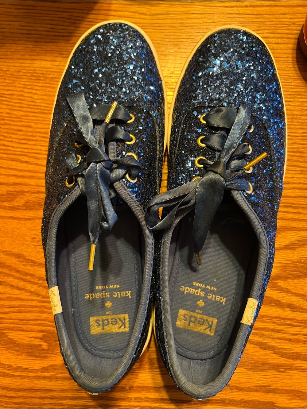 kate spade navy glitter ribbon lace sneakers